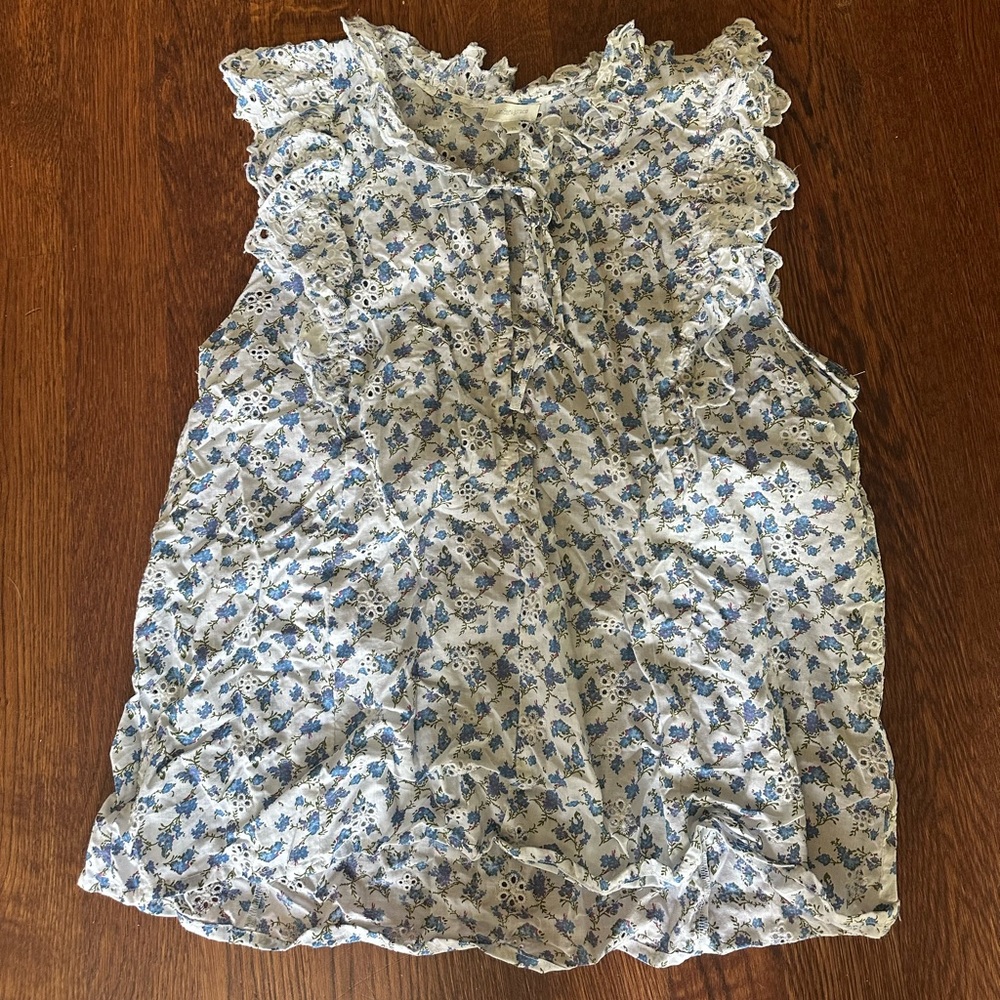 Floral Ruffle Blouse - Blue and White